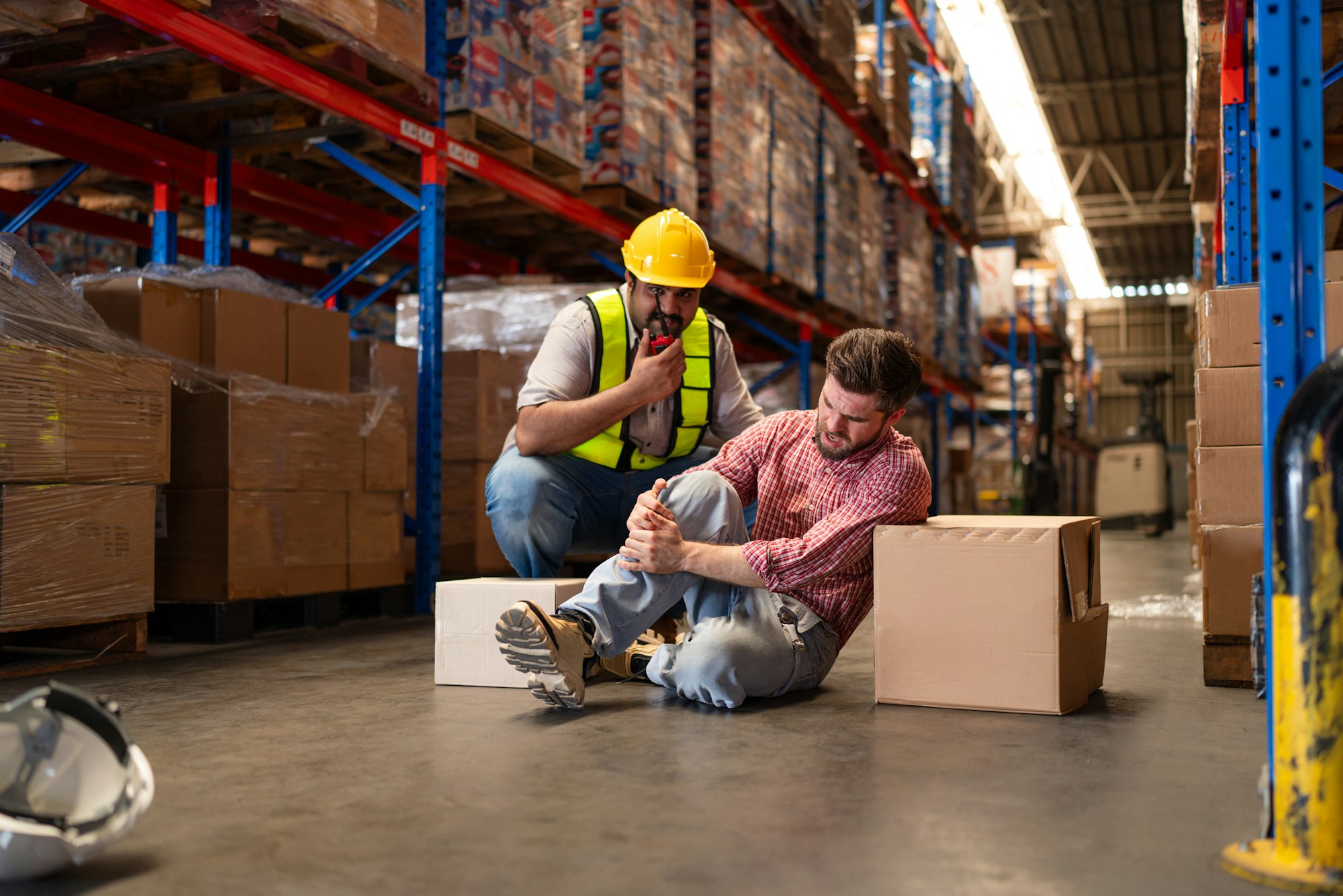 Mature foreman giving first aid to staff suffering after working injury.